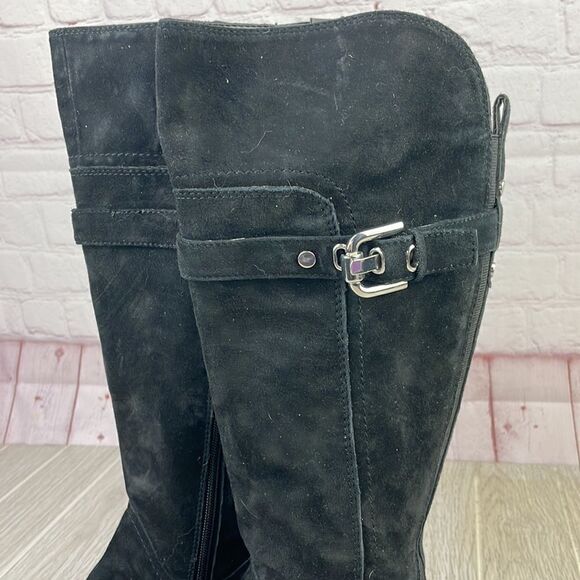 Marc Fisher. Black Suede Tall Boots w/ buckle strap detail.  Women's size 5 - Picture 2 of 9